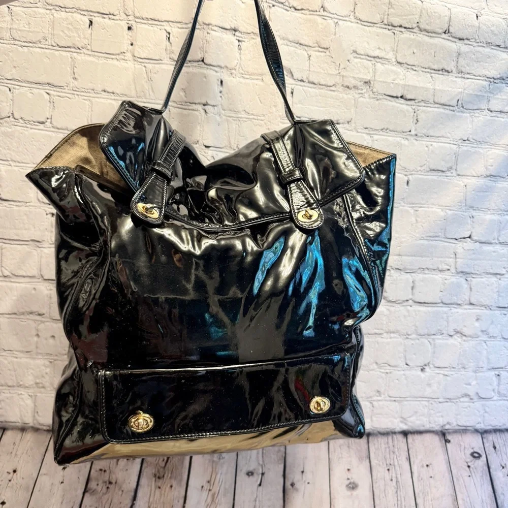 Barneys New York black glossy patent leather extra large tote bag carryall